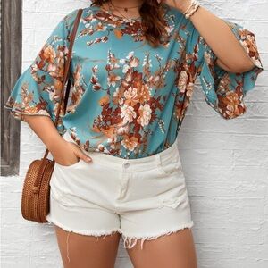 SHEIN Blouse Women's Small Blouse Teal Brown White Floral Ruffle